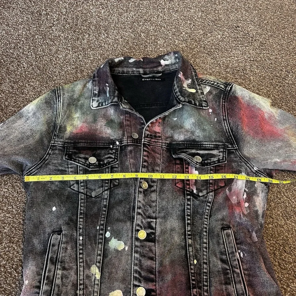 Embellish NYC Mens Multi Color Paint Splatter Denim Trucker Jacket Red‎ Size M